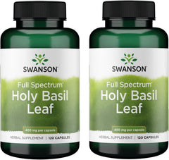 Swanson Holy Basil Leaf bottle with capsules for daily stress support.