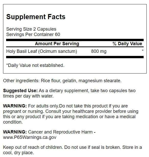 Swanson Holy Basil Leaf capsules closeup showing easy-to-take capsules for calm.