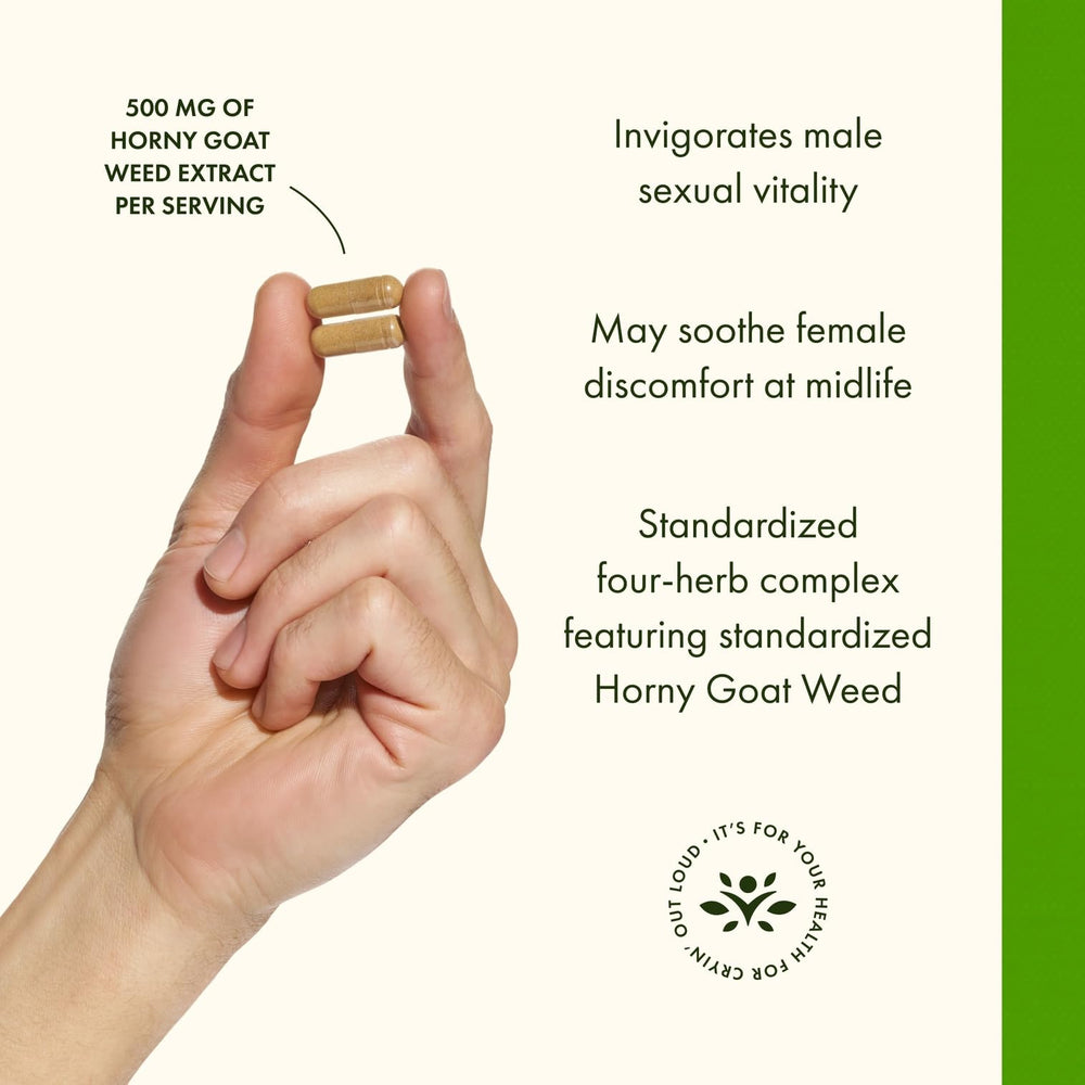 Packaging in hand of Swanson Horny Goat Weed Complex for convenient on-the-go use