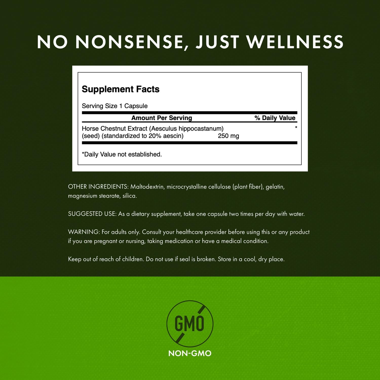 Swanson Horse Chestnut label close-up with ingredient details and dosage.