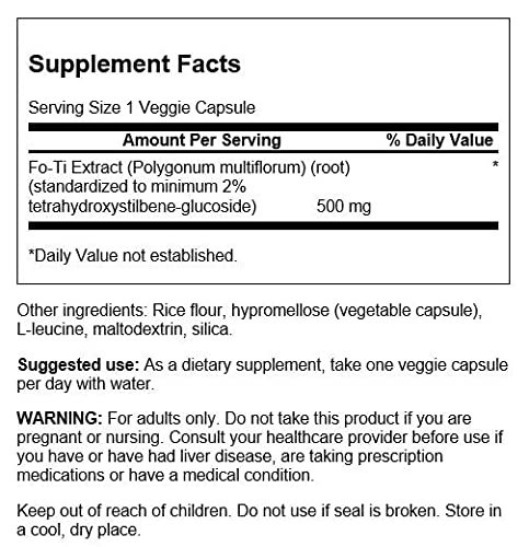 Swanson Fo-Ti Std 500mg bottle label close-up showing THSG content and vegan notes