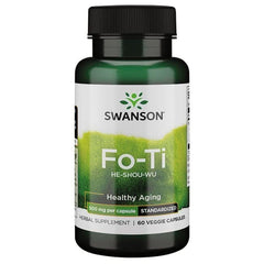Swanson Fo-Ti Std 500mg ingredient panel displaying vegan, gluten-free, non-GMO features