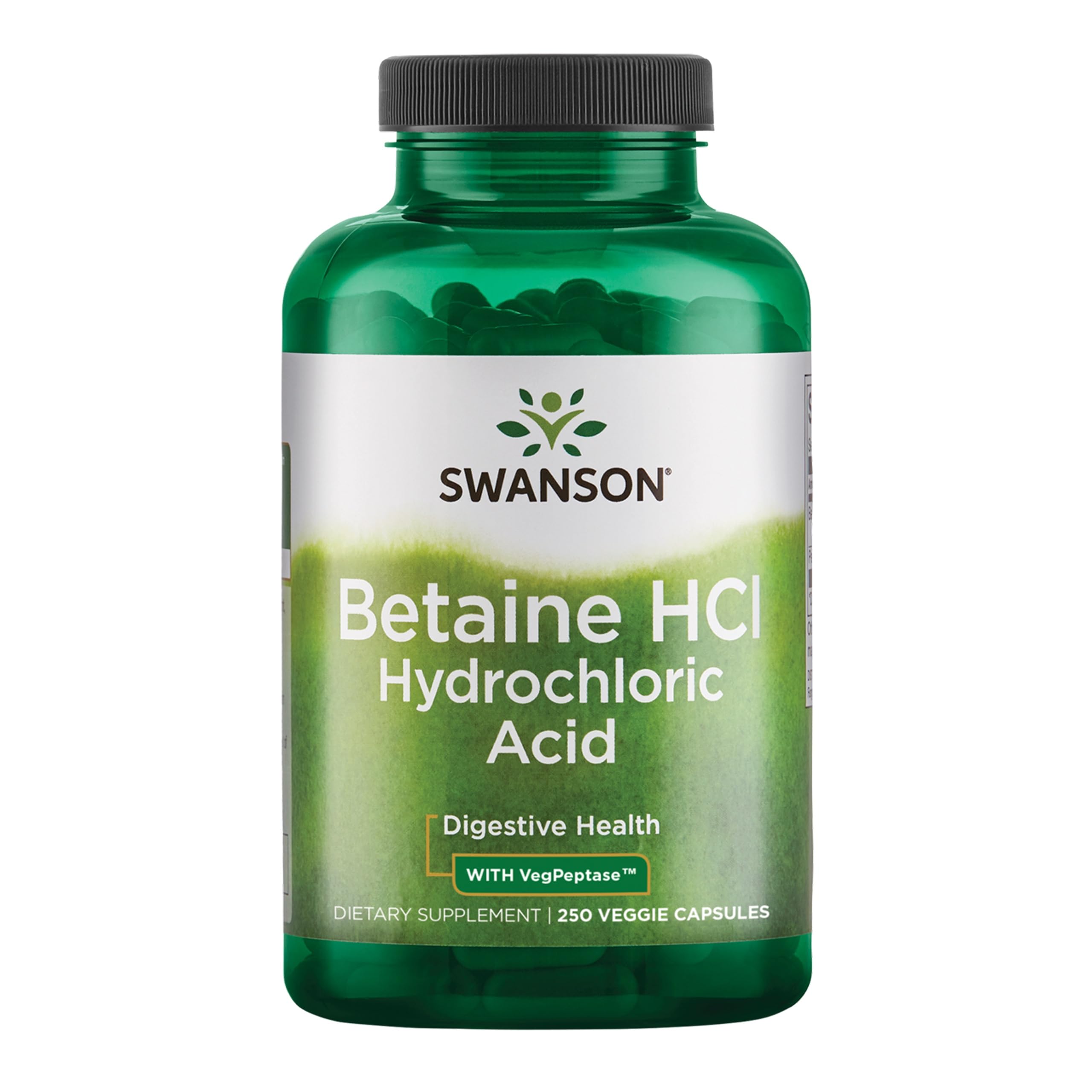 Swanson Hydrochloric Acid with Pepsin bottle front promotes digestive support