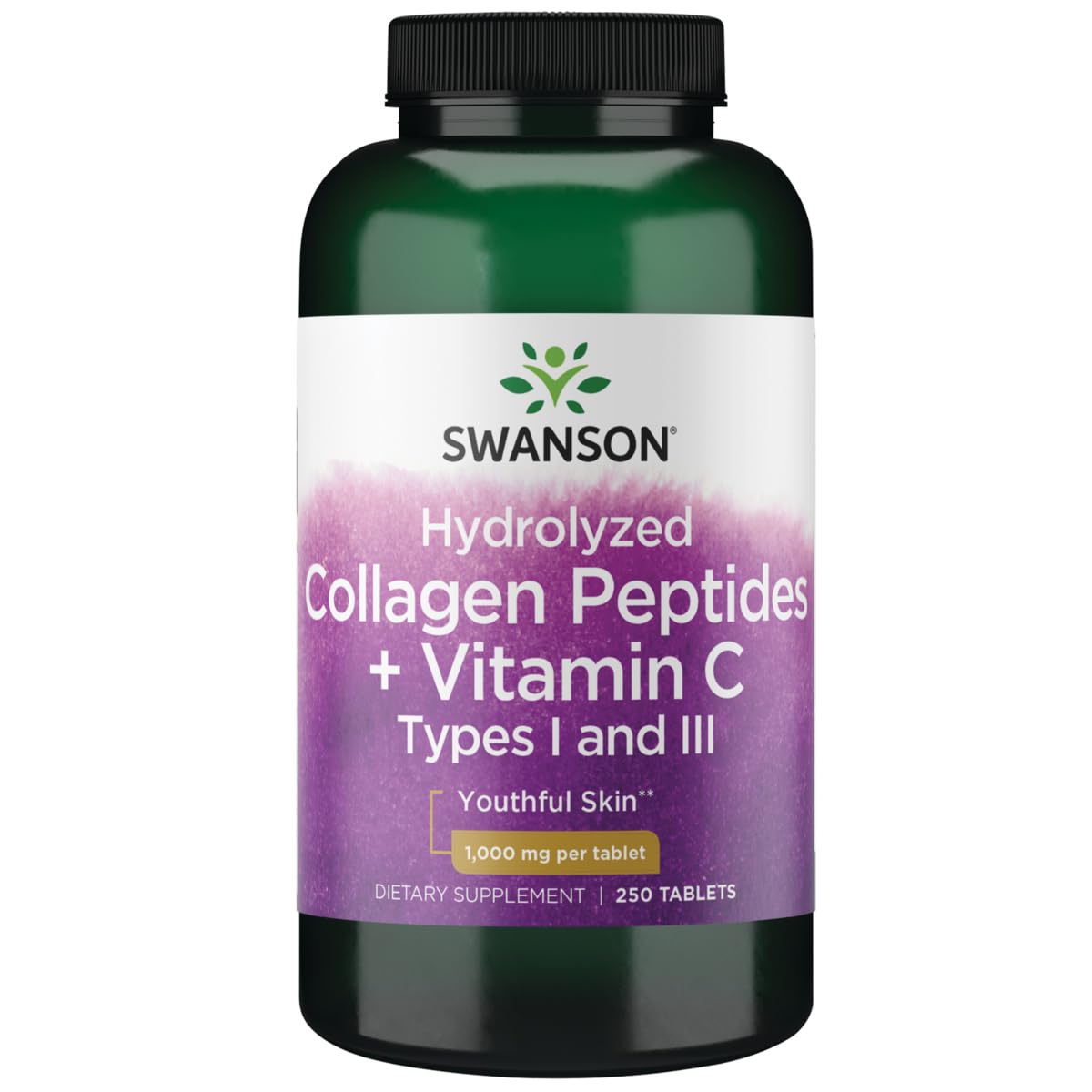Swanson hydrolyzed collagen peptides bottle with Vitamin C supports skin and joints.