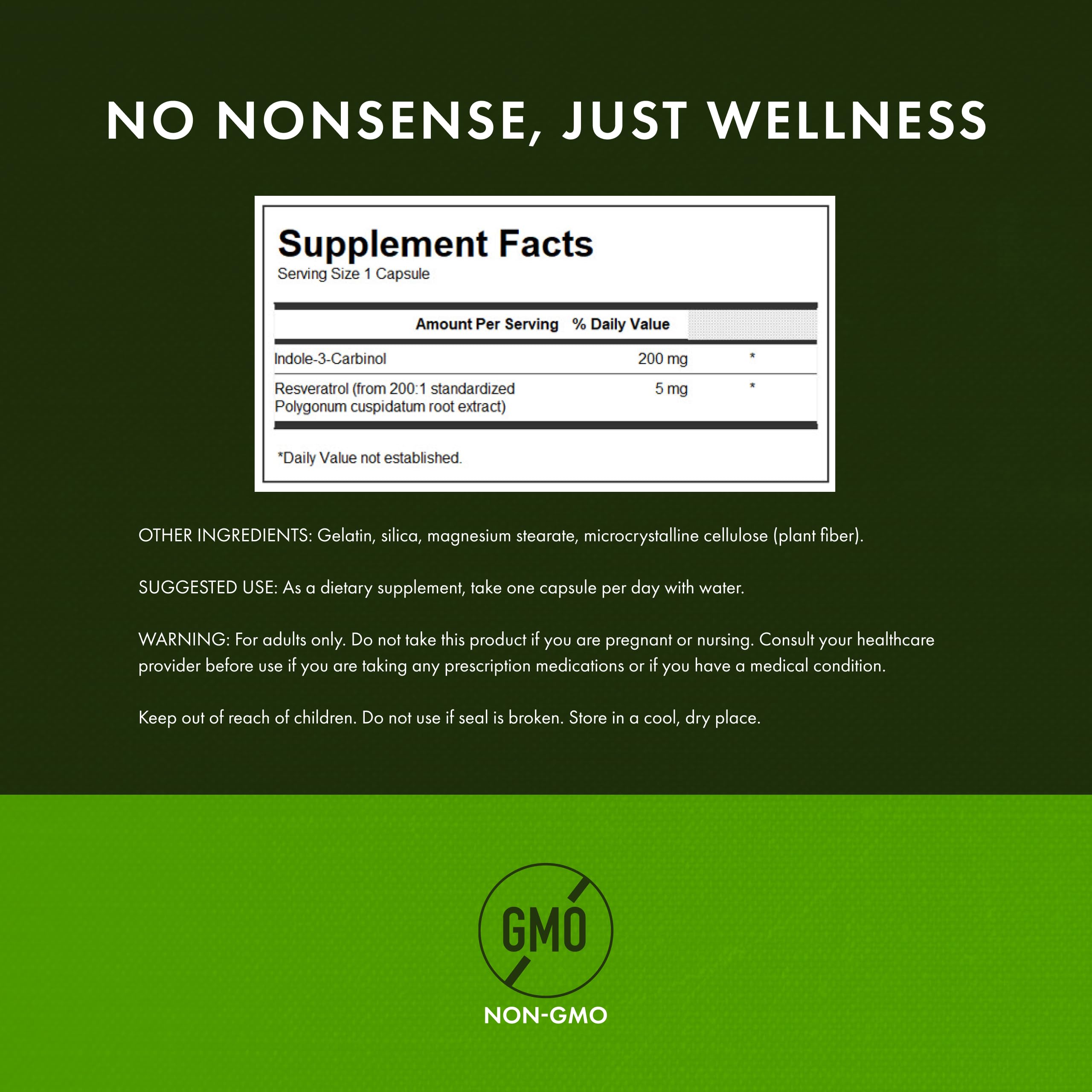 Swanson ingredients label, clear listing of I3C and Resveratrol for informed choices.