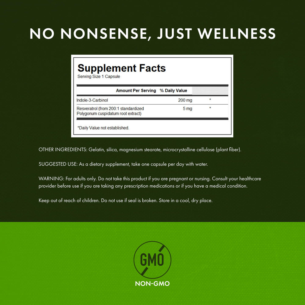 Swanson ingredients label, clear listing of I3C and Resveratrol for informed choices.