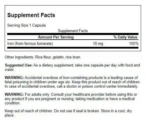 Swanson Iron 18mg per capsule supports steady iron intake.