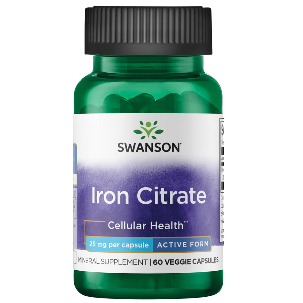 Swanson Iron Citrate bottle close-up with vegetarian capsules for daily use.