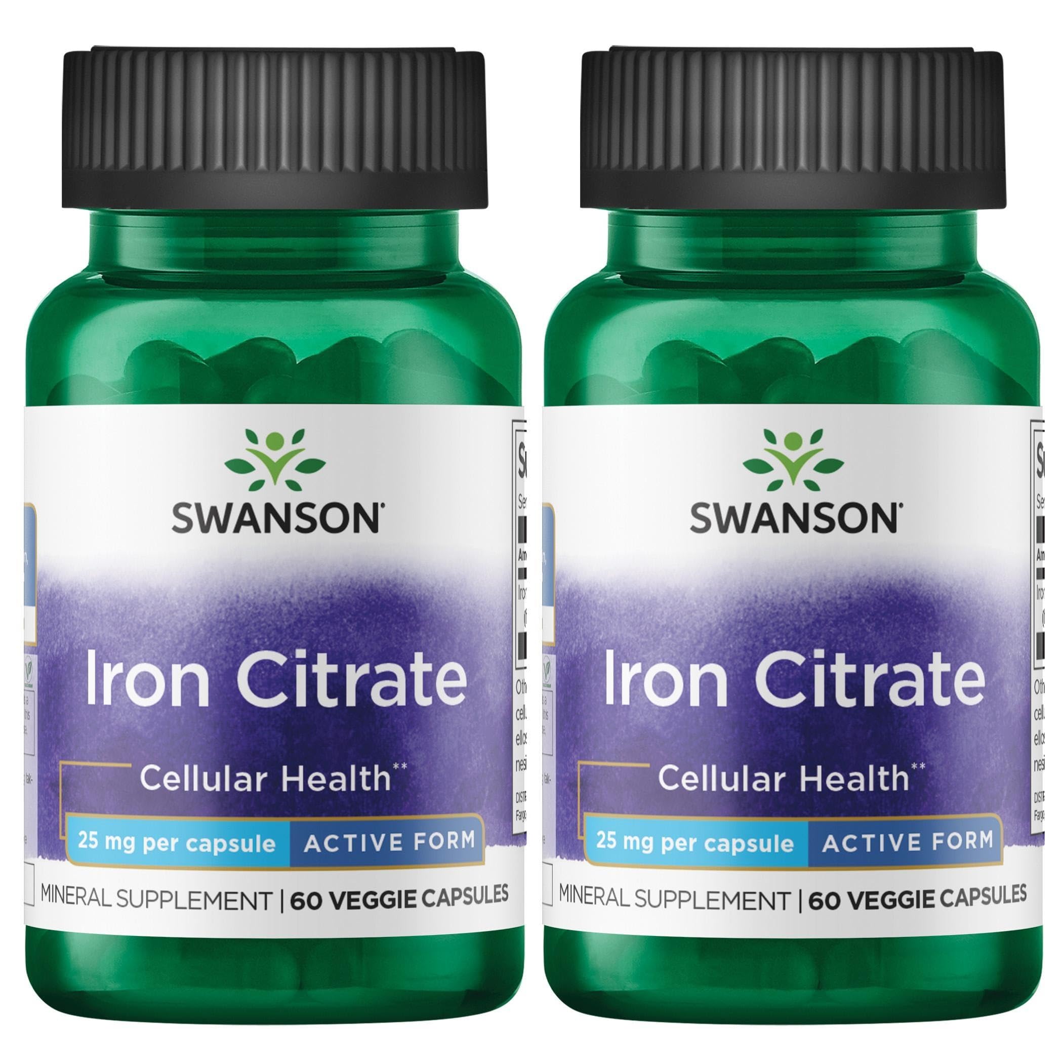 Swanson Iron Citrate 25 mg 60 Veg Capsules bottle, two-pack, easy-to-swallow vegetarian capsules.