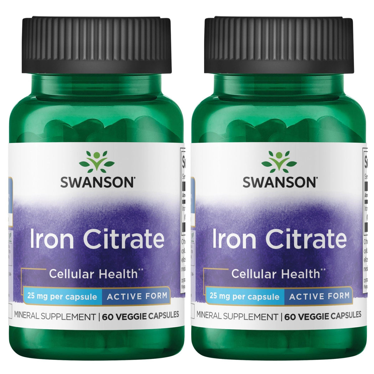 Swanson Iron Citrate 25 mg 60 Veg Capsules bottle, two-pack, easy-to-swallow vegetarian capsules.
