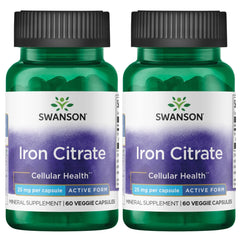 Swanson Iron Citrate 25 mg 60 Veg Capsules bottle, two-pack, easy-to-swallow vegetarian capsules.