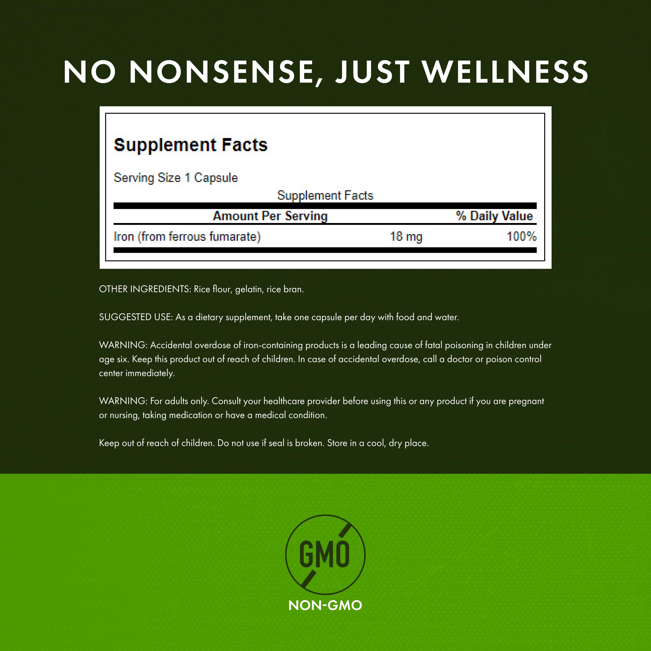 Swanson Iron ferrous fumarate daily-use packaging emphasizing convenient capsule routine.