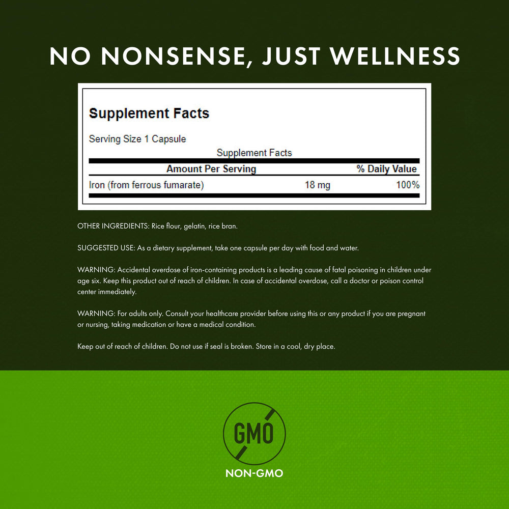 Swanson Iron ferrous fumarate daily-use packaging emphasizing convenient capsule routine.