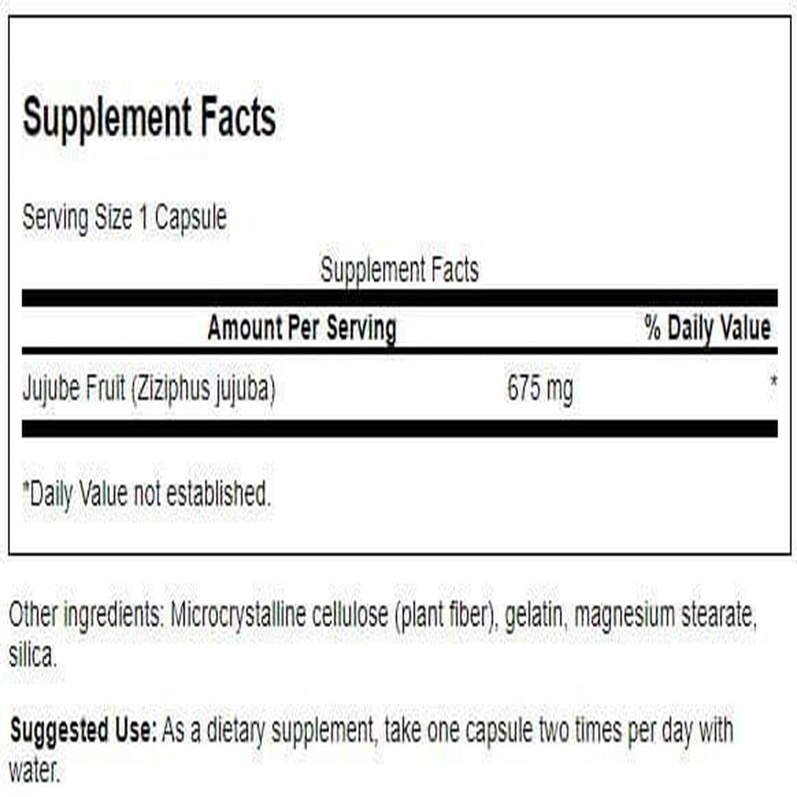 Closeup of Swanson Jujube Fruit capsules highlighting 675 mg dose