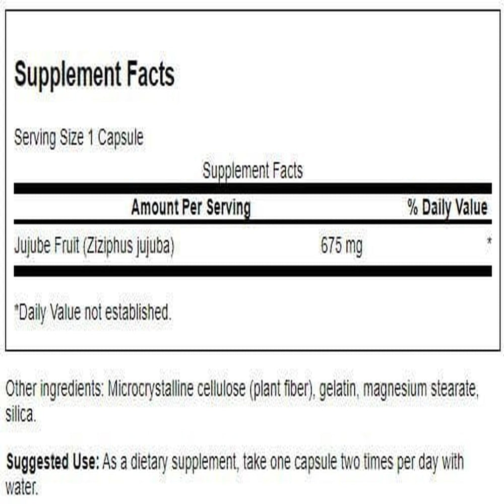 Closeup of Swanson Jujube Fruit capsules highlighting 675 mg dose