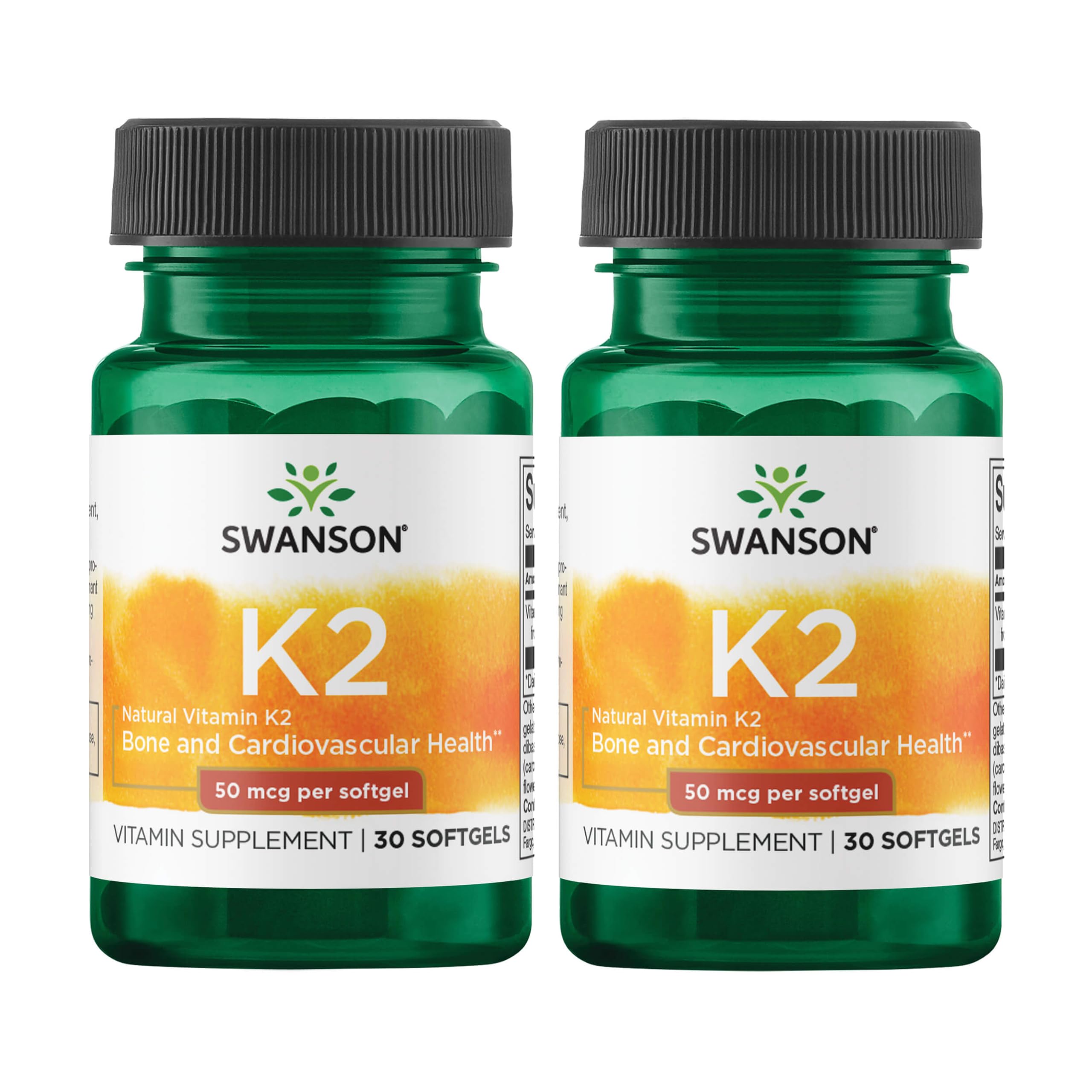Swanson K2 50 mcg bottle label shows natural MK-7 source for bone support potential.