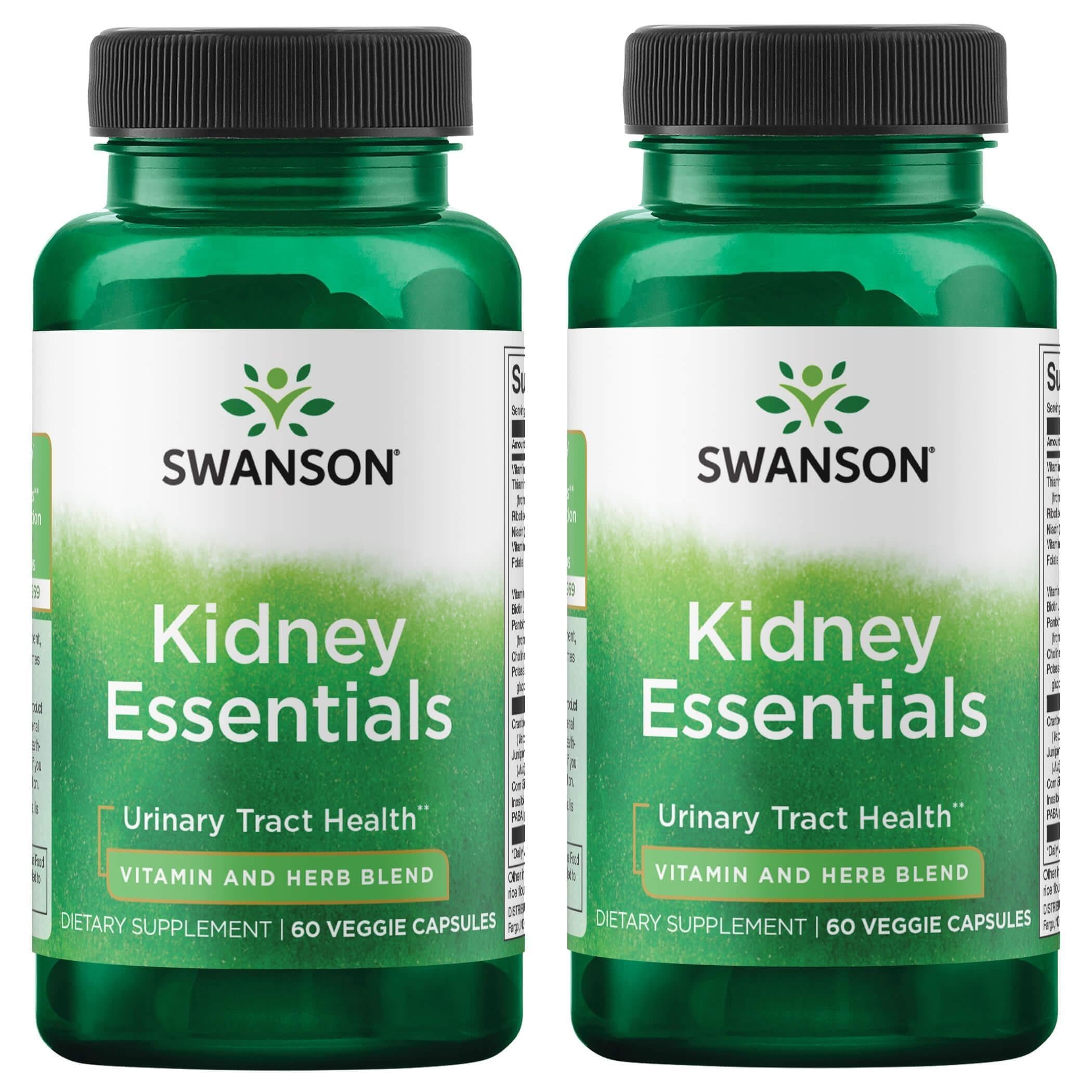 Swanson Kidney Essentials bottle with 60 vegetarian capsules, supports urinary tract health and fluid balance.