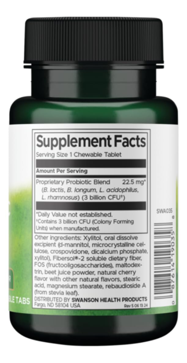 Swanson Kids Probiotic Natural Cherry chewables shown with 3 billion CFU per tablet for daily support