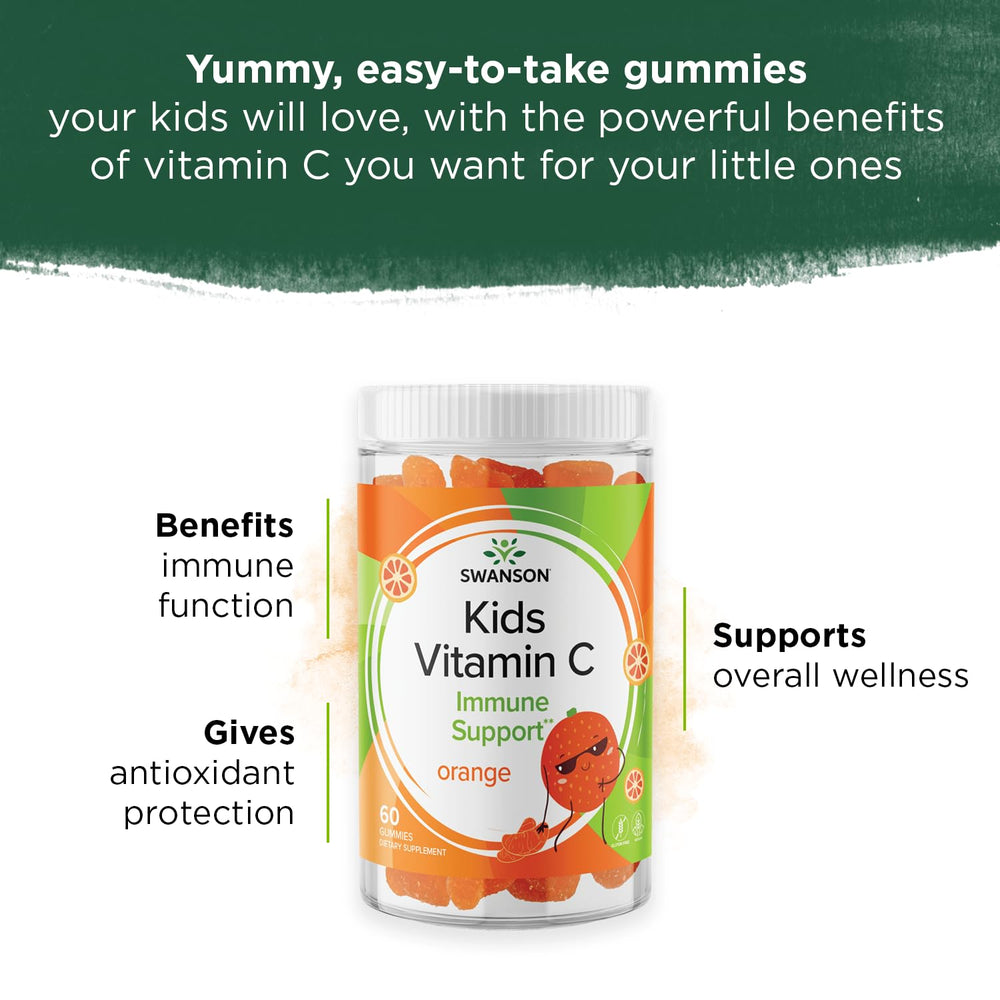 Swanson Kids Vitamin C Gummies close-up of orange chews, tasty flavor for daily dosing