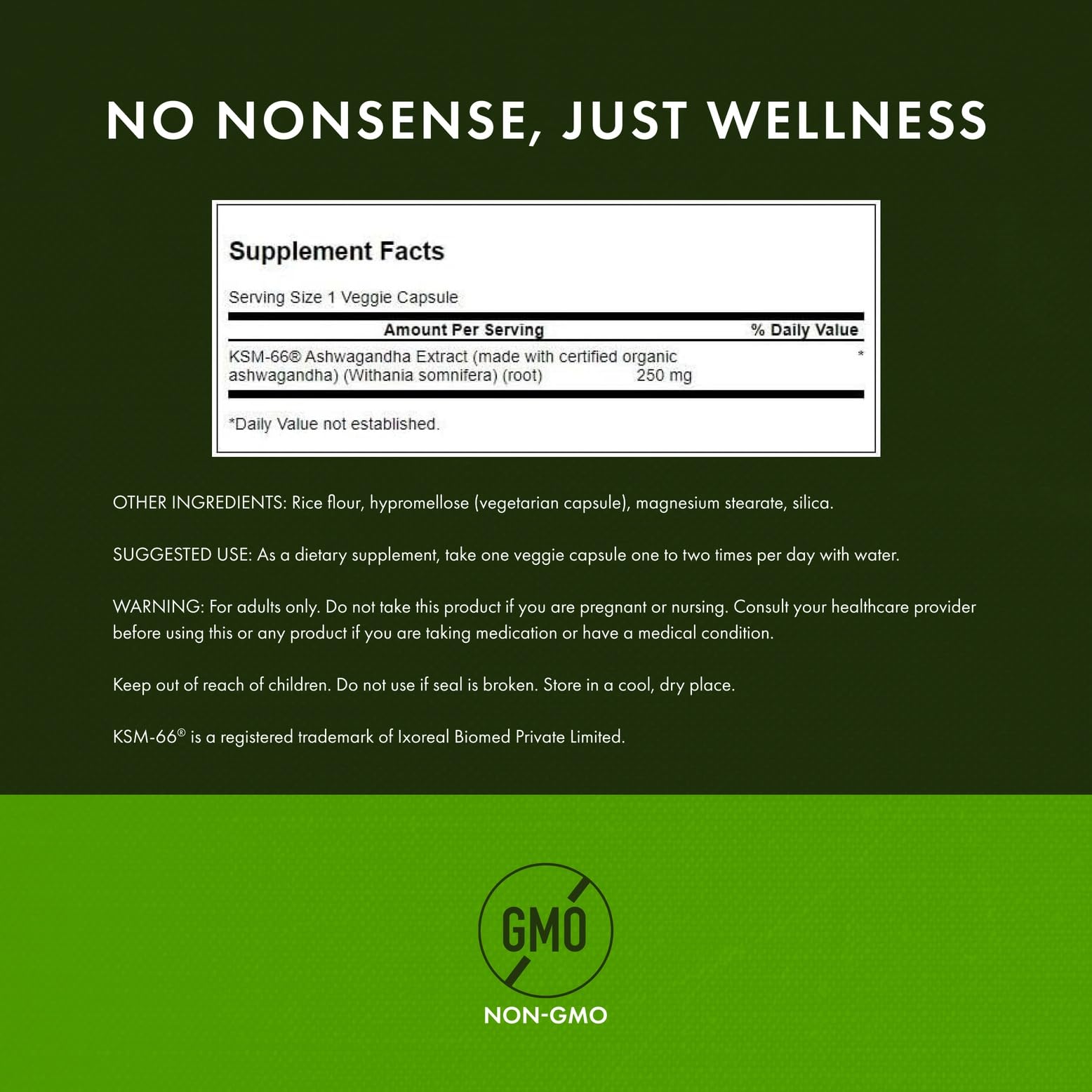 Close-up of Swanson KSM-66 label highlighting natural ingredients and purity.