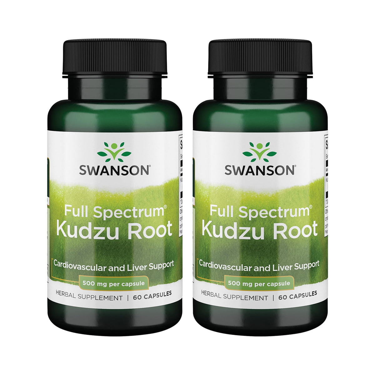 Swanson Kudzu Full Spectrum bottle image shows heart and liver wellness potential.
