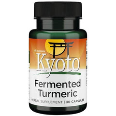Swanson Kyoto Fermented Turmeric packaging box on display showcases GMP-aligned formulation.