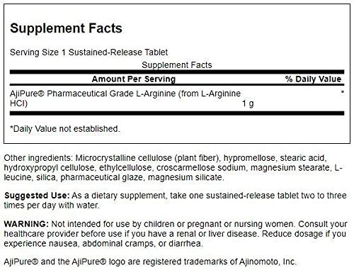 Swanson L-Arginine Sustained Release AJI tablets ready for daily dosing