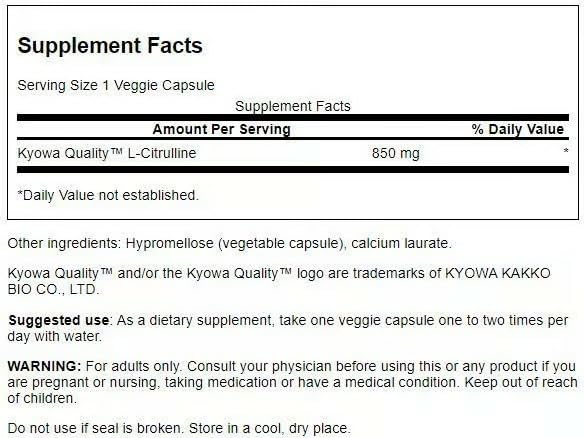 Swanson L-Citrulline capsules close-up highlights 850 mg per capsule.