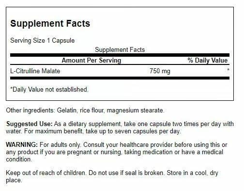 Swanson L-Citrulline Malate capsules closeup showing 750 mg dosage