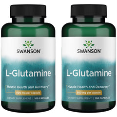 Swanson L-Glutamine 500mg capsules bottle supports recovery and digestive health.
