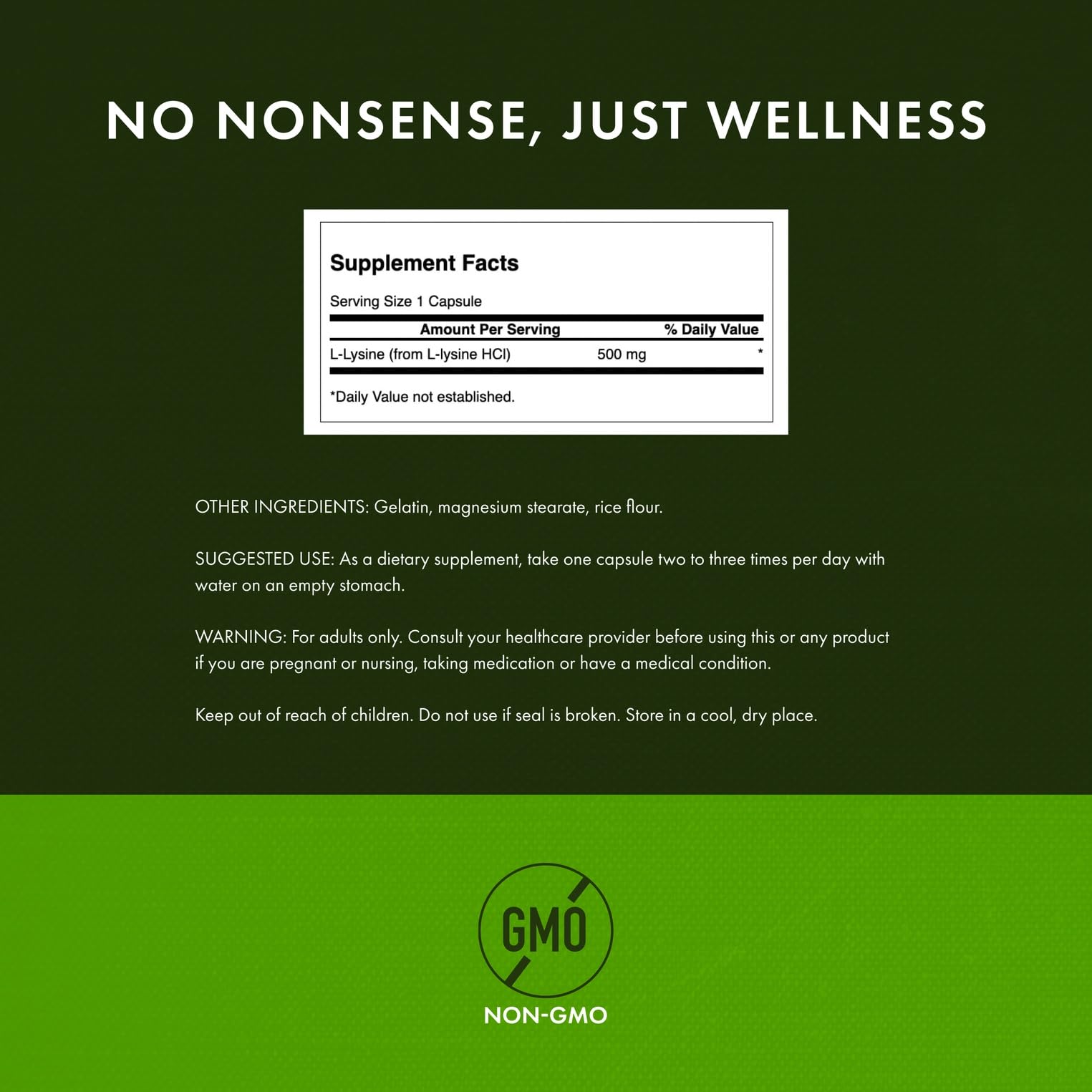 Swanson L-Lysine label details highlight non-GMO quality
