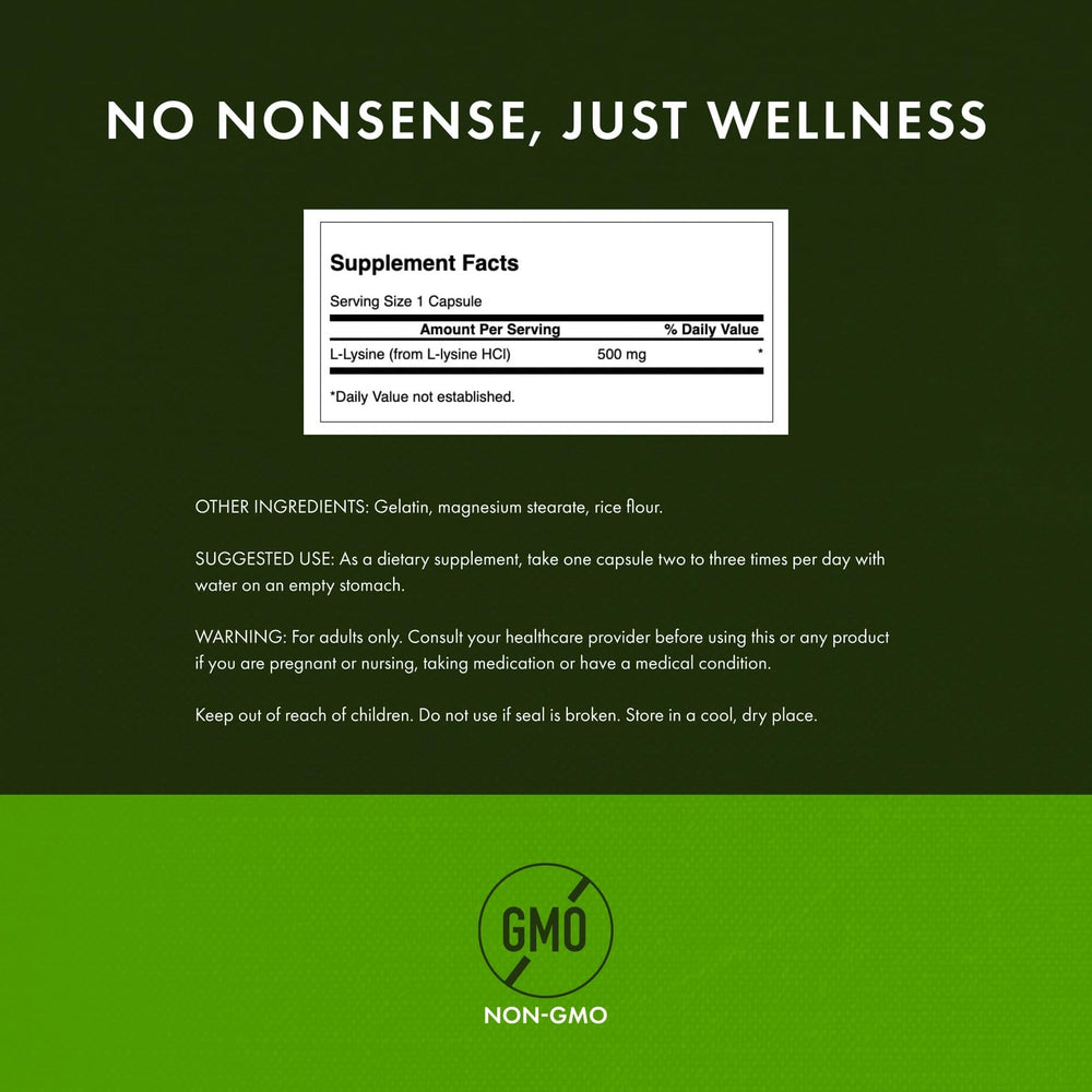 Swanson L-Lysine label details highlight non-GMO quality