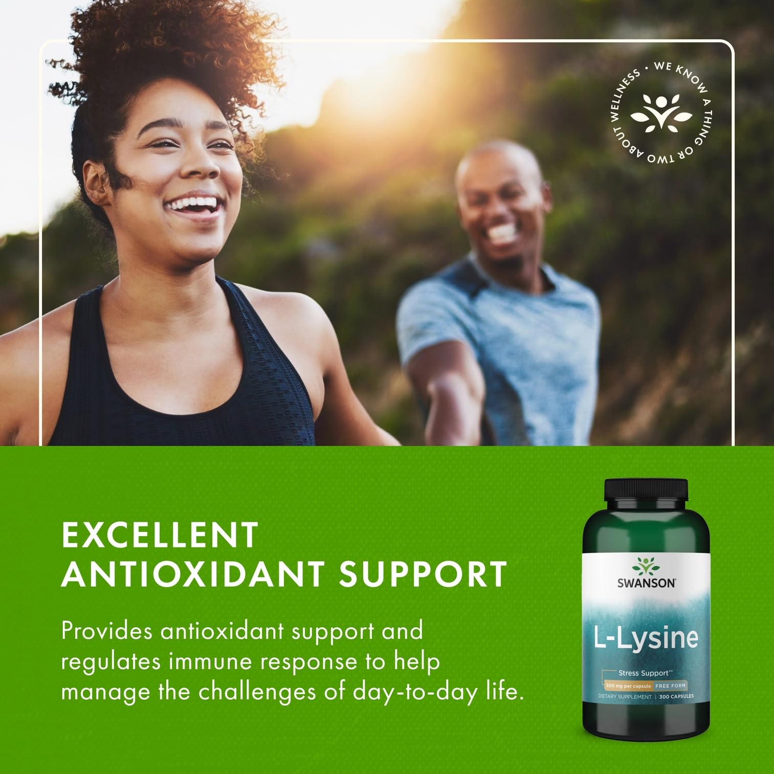 Swanson L-Lysine serving scene shows capsules ready to take