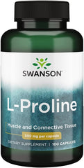 Swanson L-Proline bottle showing 500 mg capsules for connective tissue support.
