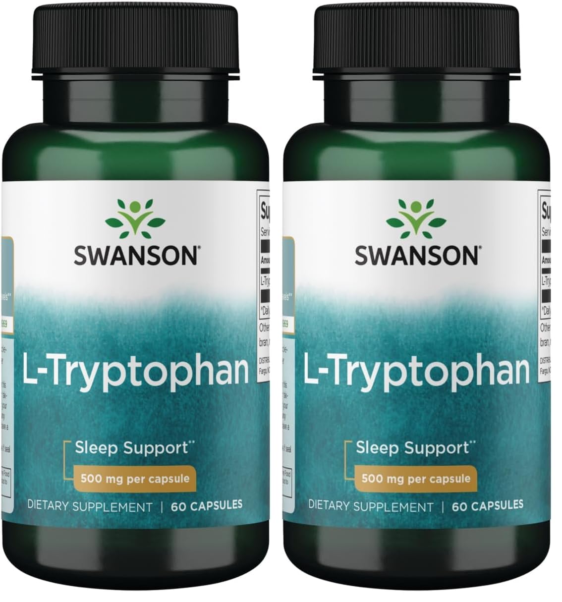 Swanson L-Tryptophan bottle close-up highlighting label and calm support.