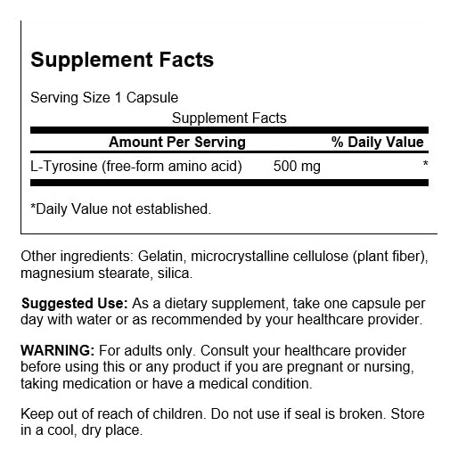 Swanson L-Tyrosine label shows 100 capsules at 500 mg each.