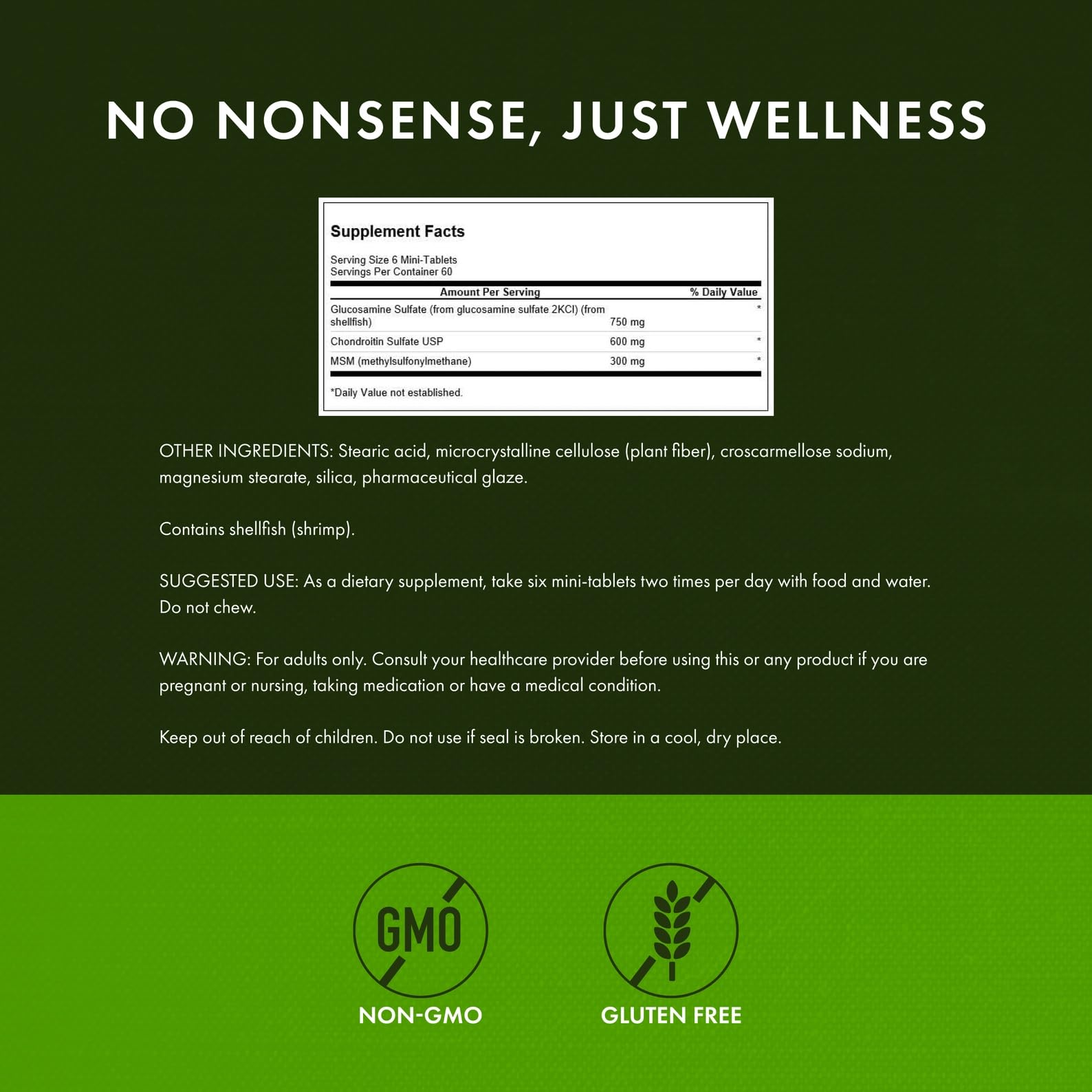 Swanson label highlights gluten-free, non-GMO formula for cartilage support.