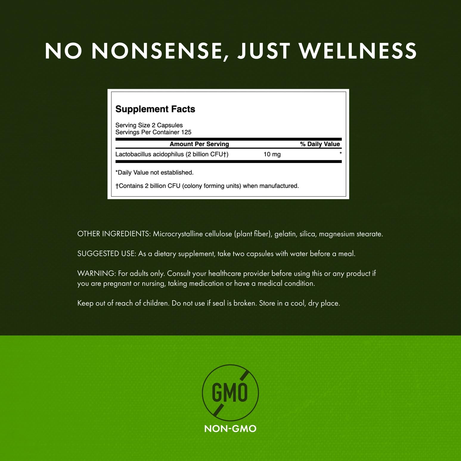 Swanson Lactobacillus Acidophilus label detail highlights non-GMO testing