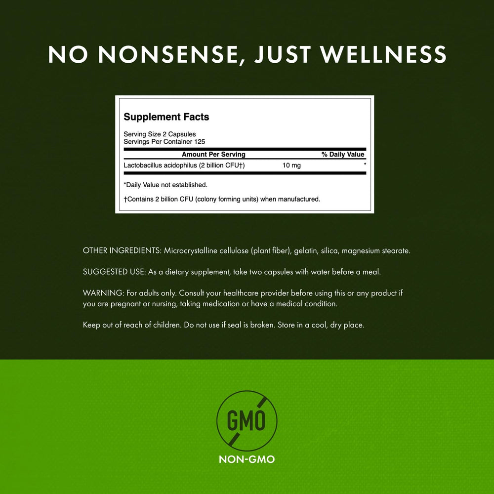 Swanson Lactobacillus Acidophilus label detail highlights non-GMO testing