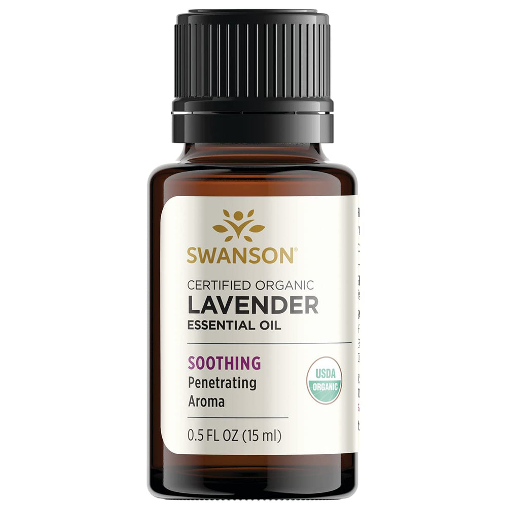 Swanson Lavender Essential Oil bottle promotes calming aromatherapy at home.