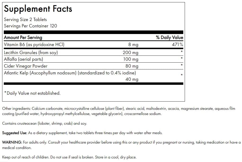 Ingredients label highlights lecithin, kelp, B-6, and cider vinegar for a stimulant-free blend.