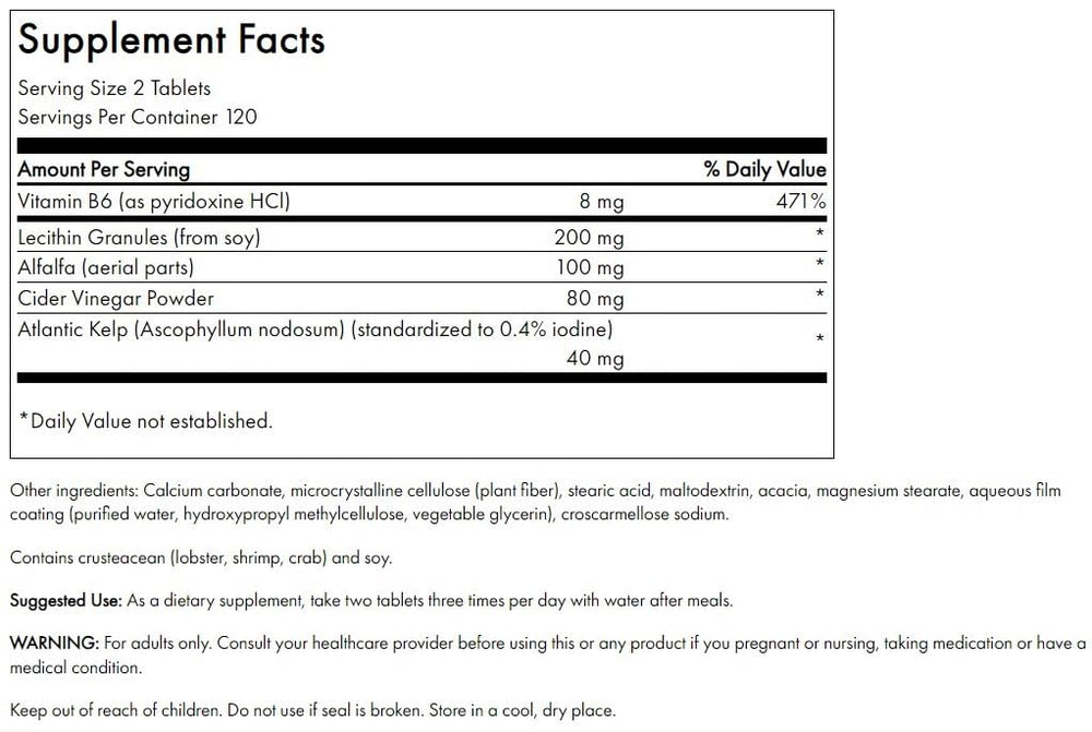 Ingredients label highlights lecithin, kelp, B-6, and cider vinegar for a stimulant-free blend.