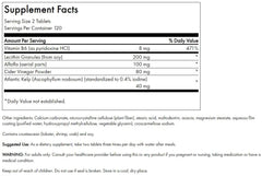 Ingredients label highlights lecithin, kelp, B-6, and cider vinegar for a stimulant-free blend.
