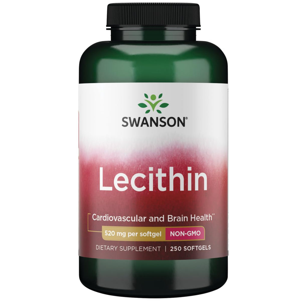 Swanson Lecithin Non-GMO 520 mg bottle label highlighting cardiovascular support and lipid balance.