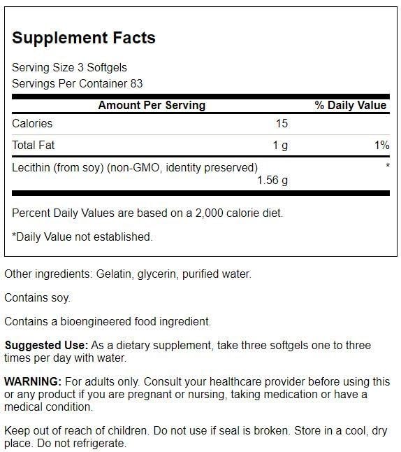 Swanson Lecithin Non-GMO capsules pack showcasing cognitive support and lipid maintenance.
