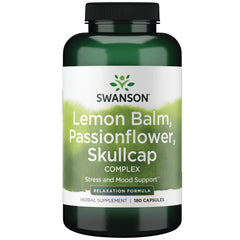 Swanson Lemon Balm Passion Flower Skullcap Complex bottle front suggests a daily calm routine.