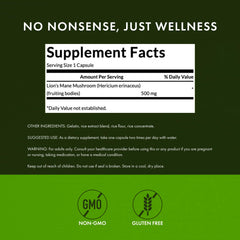 Close-up of Swanson Lion's Mane label highlighting full spectrum benefits