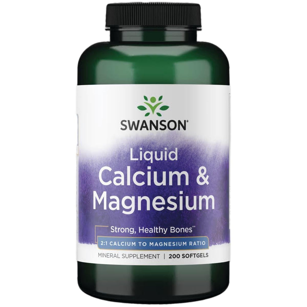 Swanson Liquid Calcium and Magnesium 200 SGELS bottle front view supports bone health.
