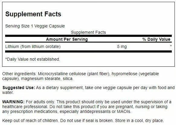 Swanson Lithium Orotate capsules shown for stress response and focus.