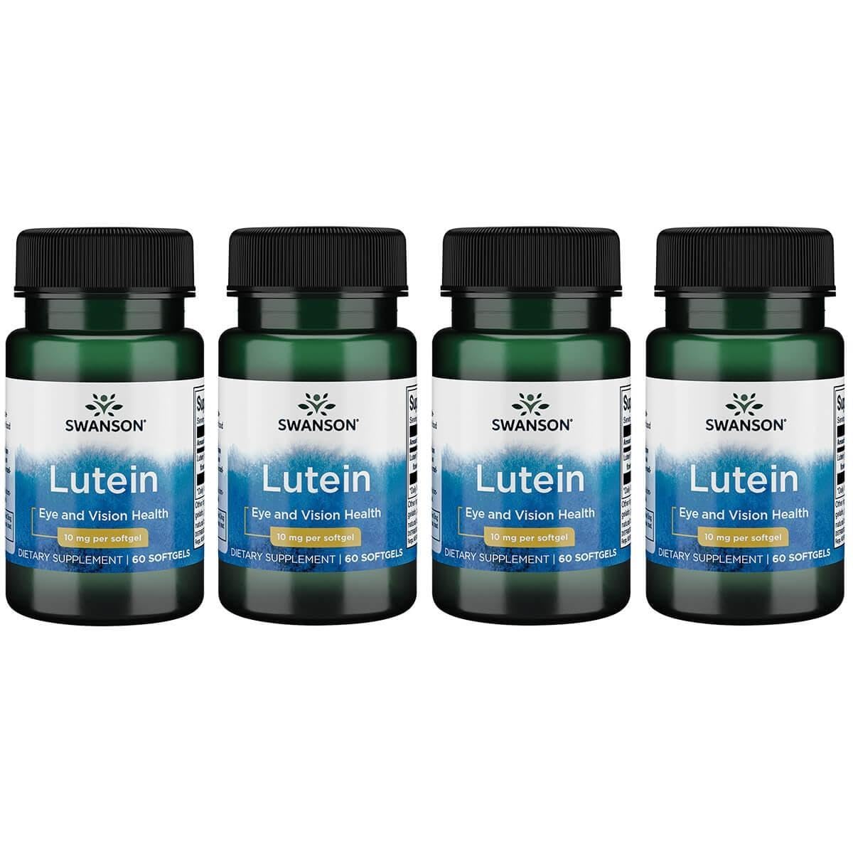 Swanson Lutein 10 mg bottle with 60 softgels, 4-pack, supports eye health and macula.